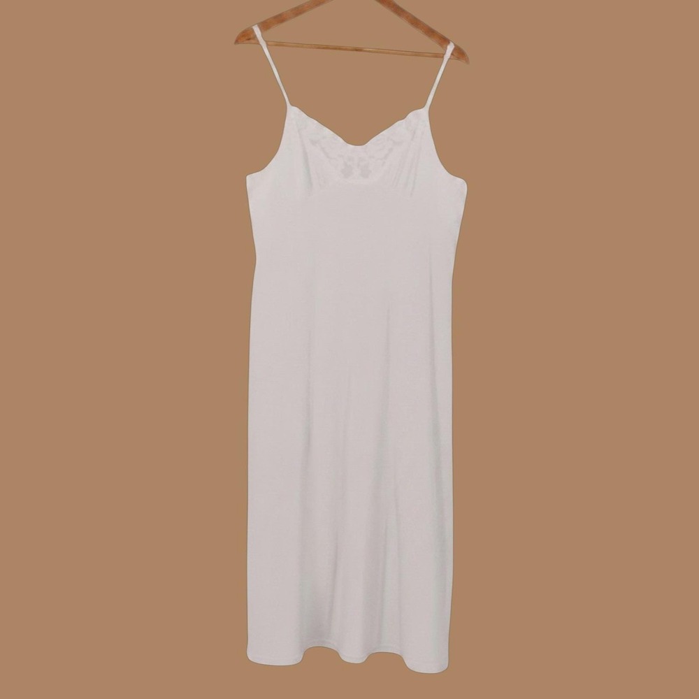 Lace Trim Full Slip Dress Vintage 90s Y2K Size M White Midi Chemise Nylon Layer